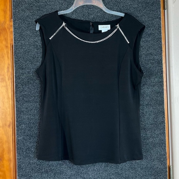 Carmen Marc Valvo Black With Silver Chain & Zipper Detail Sleeveless Top Size M - Picture 10 of 13